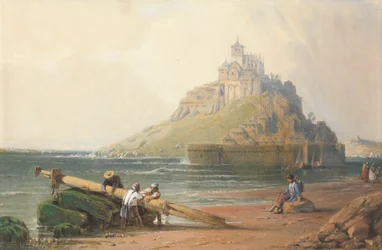 Widok na Mont St. Michel z postaciami na plaży