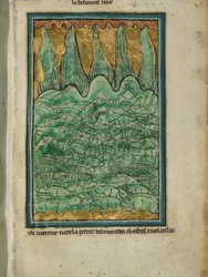 „Potop Noego”, ok. 1250 (atrament i pigment na pergaminie)