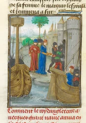 Ryszard I lądujący na Sycylii, ilustracja z „Historia rerum in partibus transmarinis gestarum...”, c.1479-80 (welum)