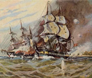 Niemieckie baterie plażowe w pobliżu Eckernförde, 5 kwietnia 1849 r. (wzmocniona litografia kolorowa)
