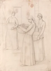 Studium do „Wzoru do dekoracji ścian” - Trzy kobiety niosące kosze z jabłkami, ok. 1918 (ołówek na papierze)