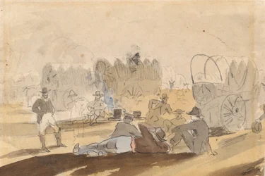 Przyczepa kempingowa z odpoczywającymi krytymi wagonami [recto], 1861.