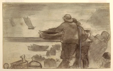 Rysunek, Plaża z łodziami i ludźmi, Cullercoats, Anglia, 1881-82