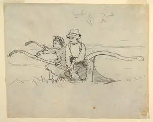 Rysunek, chłopiec i dziewczynka siedzący na pługu, 1879 r.