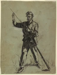 Rysunek, żołnierz kawalerii ładujący karabin, 1863-64
