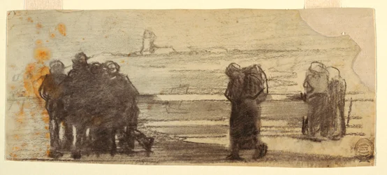 Rysunek, postacie z widokiem na zatokę i mała łódź, Cullercoats, Anglia, 1881-82