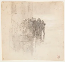 Rysunek, rybacy w skórach olejowych, Cullercoats, Anglia, 1881 r.