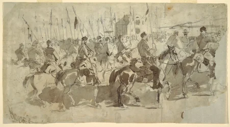 Rysunek przedstawiający Szósty Pułk Kawalerii generała McClellana wyruszający z Aleksandrii do Old Point Comfort, 2 kwietnia 1862 r.