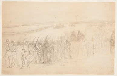 Rysunek przedstawiający maszerującą kolumnę piechoty, ok. 1862 r.