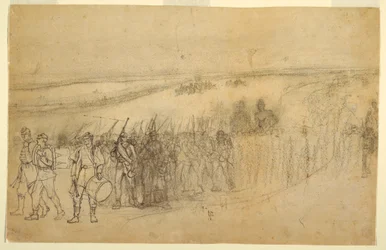 Rysunek przedstawiający maszerującą kolumnę piechoty, ok. 1862 r.