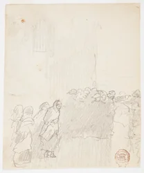 Rysunek Mężczyźni i kobiety patrzący w morze, Cullercoats, Anglia, 1881 r.