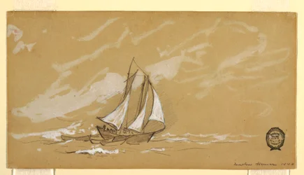 Rysunek przedstawiający szkuner z trzema kutrami, 1880 r.
