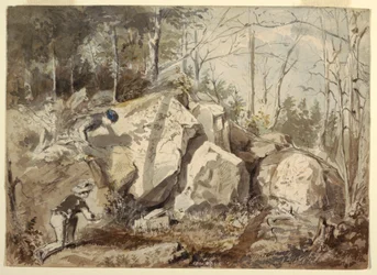 Rysunek przedstawiający zastawianie pułapki na wiewiórki, ok. 1855 r.