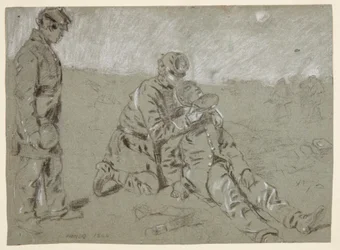 Rysunek przedstawiający żołnierza podającego wodę rannemu towarzyszowi, 1864 r.