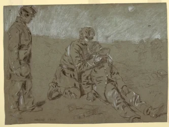 Rysunek przedstawiający żołnierza podającego wodę rannemu towarzyszowi, 1864 r.