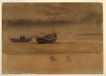 Rysunek, widok z rufy na dwie łodzie wiosłowe, Anglia, 1881-82