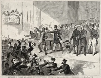 Wypędzenie czarnoskórych ludzi i abolicjonistów ze świątyni Tremont Temple w Bostonie, Massachusetts..., 1860.
