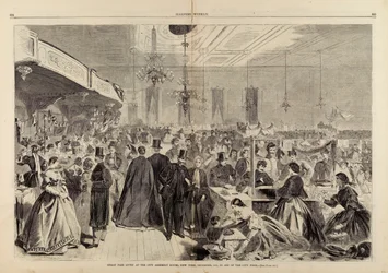 Wielki kiermasz zorganizowany w City Assembly Rooms, Nowy Jork, grudzień 1861 r., na rzecz miejskich ubogich, z Harper