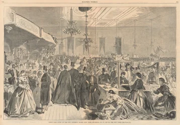 Wielki jarmark wydany w salach zgromadzeń miejskich, Nowy Jork, grudzień 1861, na rzecz biednych miast; od Harper