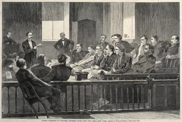 Jurorzy słuchają radcy sądu najwyższego, New City Hall, Nowy Jork, 1869.