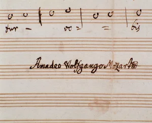 Fragment podpisu kompozytora na stronie nutowej Querite primum regnum Dei Mozarta w celu uzyskania tytułu Accademico filarmonico (1770)