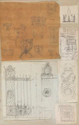 Strona z albumu z rysunkami i kilkoma rycinami architektury, Int..., ca. 1800-1850. Twórcy: Warsztat Charlesa Perciera, Warsztat Pierre