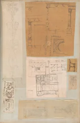 Strona z albumu z rysunkami i kilkoma rycinami architektury, Int..., ca. 1800-1850. Twórcy: Warsztat Charlesa Perciera, Warsztat Pierre