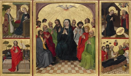 Retabulum Ducha Świętego otwarte. Zesłanie Ducha Świętego, Zwiastowanie, Narodzenia, Zmartwychwstanie Chrystusa i Śmierć Dziewicy, c. 1448