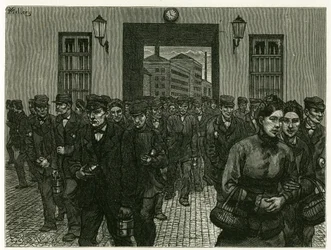 Wyjście z fabryki w Gandawie. Grawer X. Mellery, po naturze, ilustrujący historię „Belgia” w 1888 r. autorstwa Camille Lemonnier (1844-1913), krytyka sztuki i pisarza. Opublikowane w Tour du monde, 2. semestr 1883, pod redakcją Edouarda Chartona (1807-1890