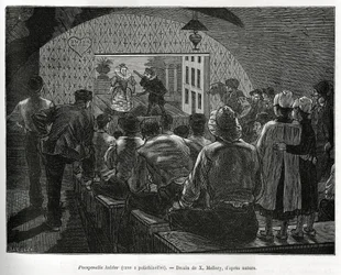 Piwnica Polichinelles, piwnica przeznaczona na przedstawienia lalkowe. Grawer X.Mellery, ilustrujący historię Belgii, autorstwa Camille Lemonnier, opublikowany w Tour du monde pod redakcją Edouarda Chartona (1807-1890)
