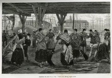 Spustoszenie skór przez kobiety zeskrobujące szczątki bestii rozciągniętych pod konstrukcjami sal portu w Antwerpii. Grawer autorstwa X.Mellery, ilustrujący historię Belgii, autorstwa Camille Lemonnier, opublikowany w Tour du monde, wyd.