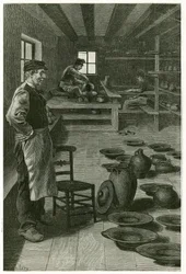 Garncarz z Terneuzen, w swoim warsztacie, zapchany wazonami i naczyniami, w pobliżu okna, garncarz obrabia glinę na uprzęży, a jego uczeń, poniżej, wykonuje obrót. Grawer X.Mellery, po naturze, aby zilustrować historię „”Belgia””, w 188
