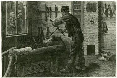 Sabotażysta z Terneuzen ma swoją siedzibę, powiększa i kopie drewno za pomocą wpychaczy. Grawer X.Mellery, po naturze, aby zilustrować historię „Belgia” w 1888 r., autorstwa Camille Lemonnier (1844-1913), krytyka sztuki i pisarza. Opublikowane w To