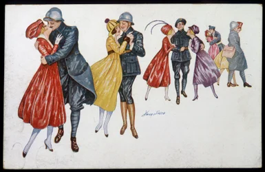 Wojsko i ich narzeczone, marainny lub przyjaciele - ilustracja Xaviera Sagera (1870-1930) pocztówka, v.1915