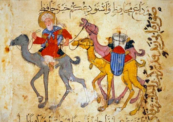 Karawana wielbłądów na pustyni (Karawana) Miniatura z „Maqamat” (Seanse) autorstwa Abu Mohammeda al-Kasima ibn Ali Hariri (albo Al-Hariri lub Al Hariri) (1054-1122) iluminowana przez Yahyę Mahmuda al-Wasiti (al Wasiti) ) w 1237, Paryż, B.N.