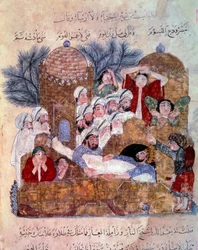 Miniaturowa scena pogrzebowa z „”Maqamat”” (Seanse) Abu Mohammeda al-Kasima ibn Ali Hariri (albo Al-Hariri lub Al Hariri) (1054-1122) zinscenizowana przez Yahya Mahmuda al-Wasiti (al Wasiti) w 1237 roku w Paryżu , B.N.