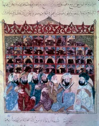 Wędrujący Nawigator Abu Zayd (Abu Zayd, Abu Zayd) wygłasza przemówienie Abu Mohammeda al-Kasima ibn Ali Hariri (1054-1122) w Bibliotece Miniatur Basra z Maqamat (Seans) Yahya Mahmuda al-Wasiti (al Wasit