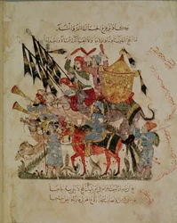 Ar 5847 f.94v, Karawana jadąca do Mekki z „The Maqamat” (Spotkania) Al-Haririego, ok. 1240 (gwasz na papierze)