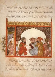 Ms Ar 5847 f.16, Kancelaria Maragha: gubernator zaproponował Abu Zaydowi wstąpienie do swojej służby, z Al Maqamat Al Haririego, ok. 1240 (gwasz na welonie)