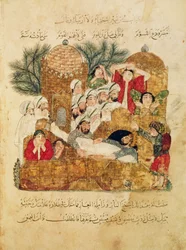 Pani Arab 5847 f.29, Pogrzeb ofiary dżumy, z „Al Maqamat” (Spotkania) Al-Hariri, c.1240