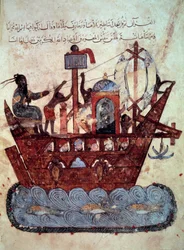 burżuazyjny al-Harith (Al Harith), syn Hammama i wędrowny nawigator Abu-Zayd (Abu Zayd) na miniaturowej łodzi z „Maqamat” (Seanse) Abu Mohammeda al-Kasima ibn Ali Hariri (lub Al- Hariri lub Al Hariri) (1054-1122) oświecony przez Yahya Mahmuda a