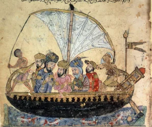 Mieszczanin al-Harith (Al Harith), syn Hammama, oraz wędrowny nawigator Abu-Zayd (Abu Zayd) w łodzi płynącej po Eufracie. Miniatura z „Maqamat” (Posiedzenia) Abu Mohammeda al-Kasima ibn Ali Haririego (lub Al-Haririego albo Al Haririego) (1054-1122)