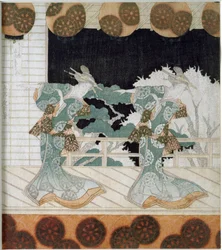 Tancerze w strojach ludowych na scenie Japońska grafika „Surimono” Yashimy Gakutei (1786-1868) 1822 Kolekcja prywatna