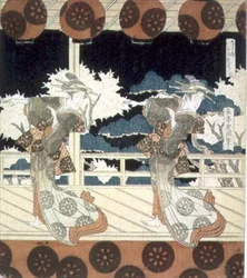 Dwóch tancerzy występuje na scenie, z The Dance at Furuichi dla serii Hisakataya Group, ok. 1822 (atrament)