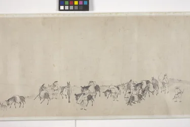 Sto osłów transportujących zboże, zwój ręczny, ok. 1700 r. (atrament na papierze)