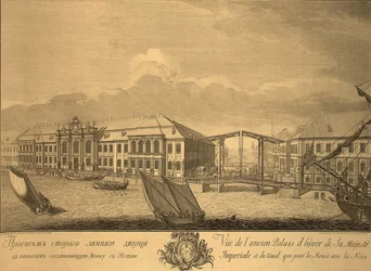 Widok drugiego Pałacu Zimowego z kanałem łączącym Mojkę z Newą, 1753