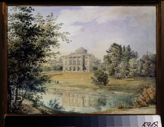 Widok na Pałac Pawłowsk (Sankt Petersburg). (Widok na Pałac Pawłowsk). Zbudowany w latach 1782-1786 przez architekta Charlesa Camerona. Praca Jegora Jegorowicza Meiera (1822-1867), akwarela na papierze
