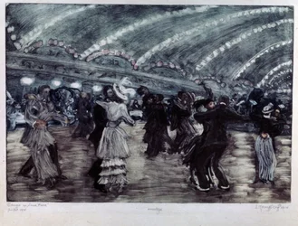 Tango a Luna Park (Taniec Tango w Luna Park). Pary tancerzy na szerokiej podłodze, oświetlone od sufitu girlandami światła. Grafika autorstwa Yelisaveta (Elisabeth) Sergeyevna Krouglikova (Elizaveta Sergeevna Krouglikova) (1865-1941), grawerowanie (