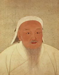 Portret Czyngis-chana (ok. 1162-1227), mongol-chana, założyciela cesarskiej dynastii Yuan, czyniąc Chiny centrum wielkiego imperium mongolskiego (1260-1368), (atrament i toaleta na jedwabiu, bord z jedwabiu
