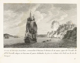 Jan Bart valt zes Hollandse schepen aan voor de kust van Portugal, 1693 W czerwcu 1693 Jean-Bart dowodzący Vaisseau le Glorieux z 66 działami (...) zaatakował sześć holenderskich okrętów wojennych (...) na wybrzeżu Portugalii (tytuł na obiekcie) Rec
